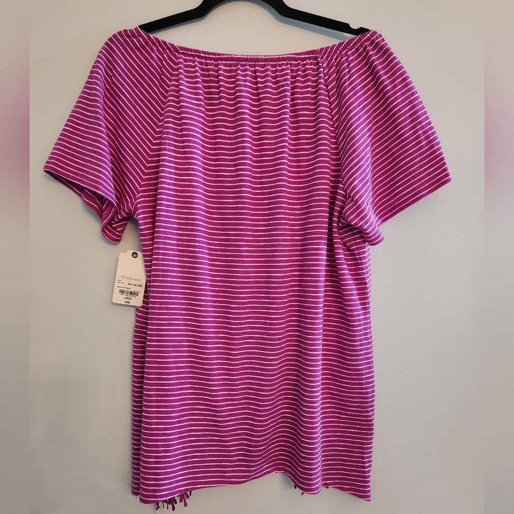 (4 For $20) NWT St John's Bay Fucia and White Stripe Top lacy fringe.  Size L. - Picture 4 of 4